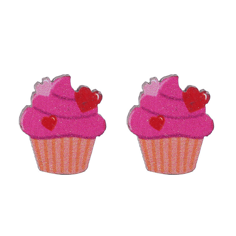 Wholesale Valentine's Day Bear Flowers Red Lips Cartoon Cake Wooden Earrings